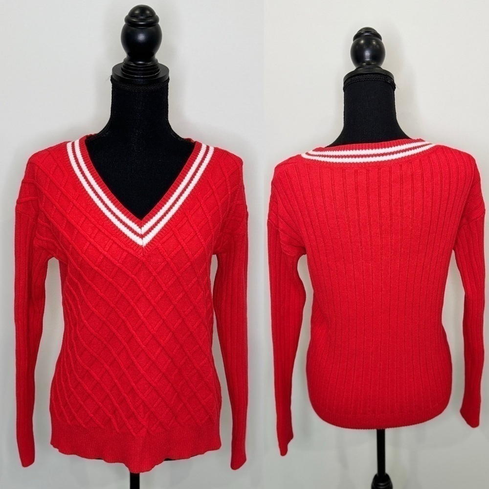 Red Deep V Long Sleeve Thick Sweater